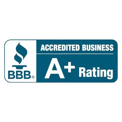 BBB Accredited Business badge showing an A+ rating and the BBB logo on a blue background.