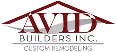 AVID Builders Inc. Custom Remodeling logo with a red roof shape above the wordmark